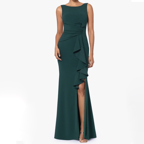 Betsy & Adam - Petite Christine Scuba Crepe Ruffled Bow Gown. - Picture 1 of 13